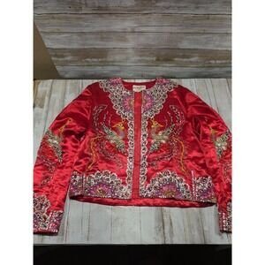 Dynasty Vintage Red Silk Beaded Phoenix Jacket Sequin Open Front Hong Kong S